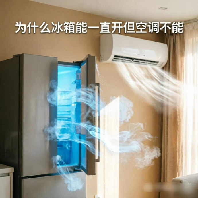 为什么冰箱能一直开但空调不能 这主要不是钱的问题么，冰箱一天才几个电，空调全力跑