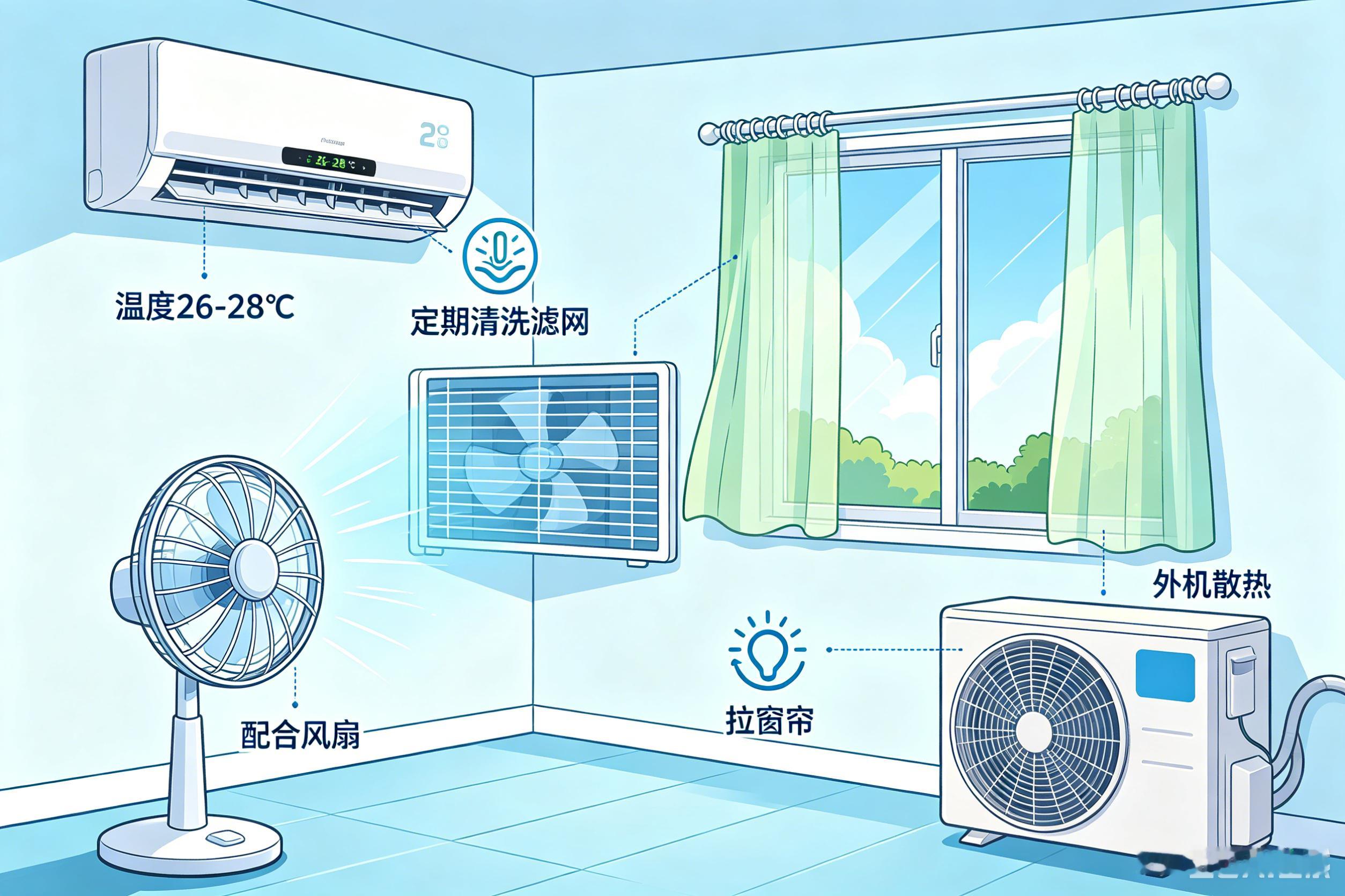 空调怎么用最省电   ⭐️夏季空调最省电核心是“少制冷、多辅助”。温度设26-2