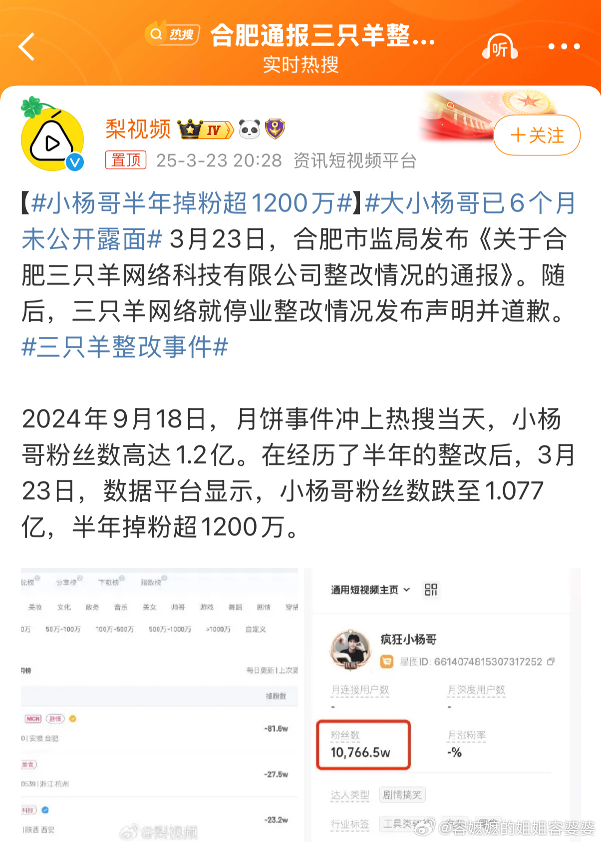 小杨哥半年掉粉超1200万以赚钱为目的，愚弄欺骗粉丝在他直播间买假冒伪劣商品，这