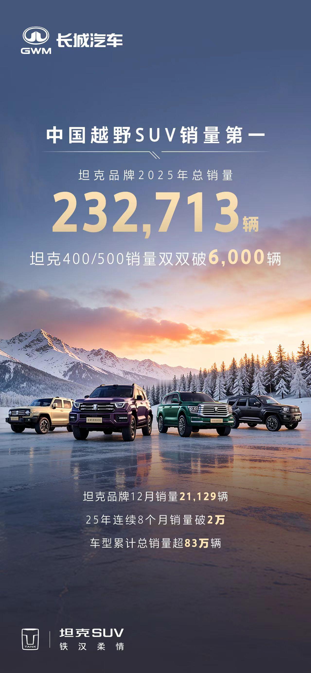 坦克这个硬派越野的品牌，2025年卖了超过23万辆，平均一个月接近2万辆了。确实
