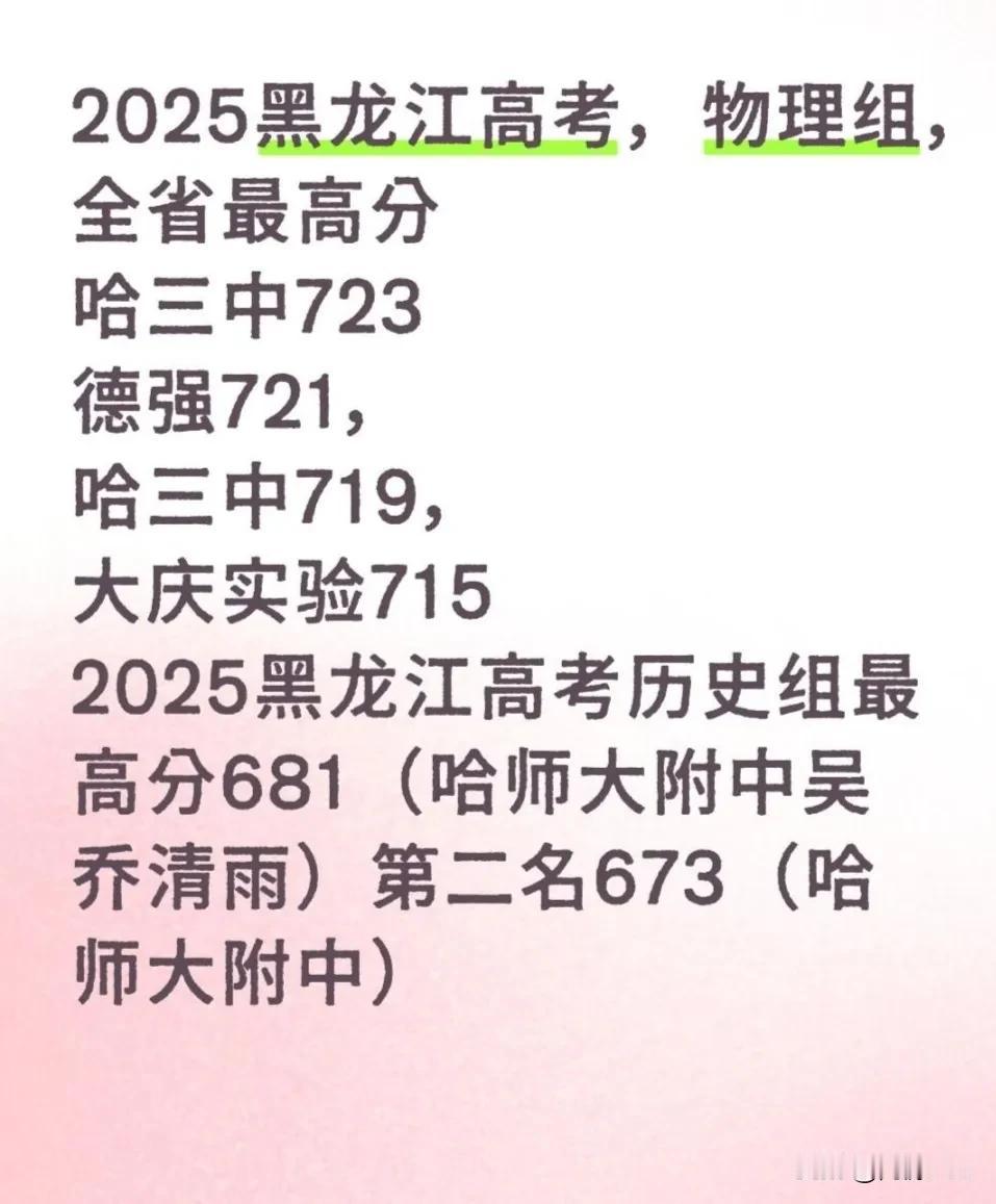 2025黑龙江“高考状元”出炉！
物理组：哈尔滨第三中学，总分723分
历史组：
