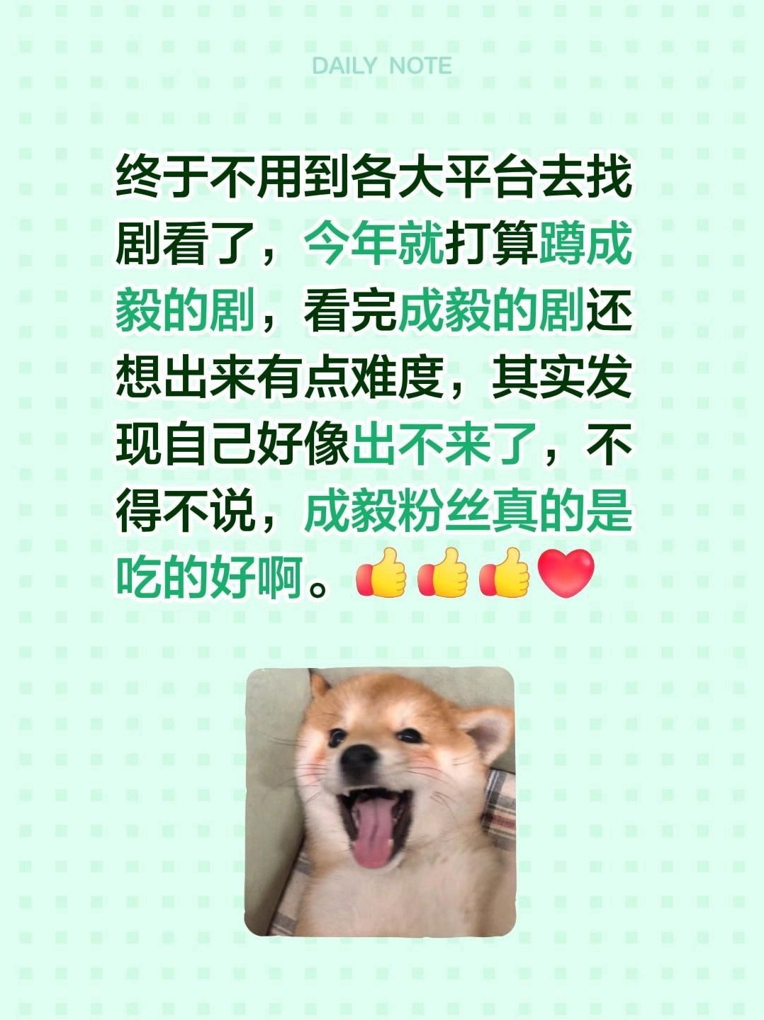 看成毅的剧会上瘾，看完这部看那部，看了一遍又一遍。就靠着精湛的演技和极好的人品吸