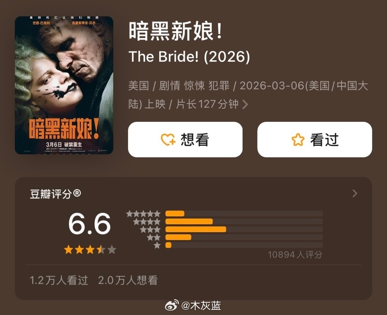 「暗黑新娘」的豆瓣评分好低啊，难以接受，明明就很好看啊！拍的也很好，演的也很好。