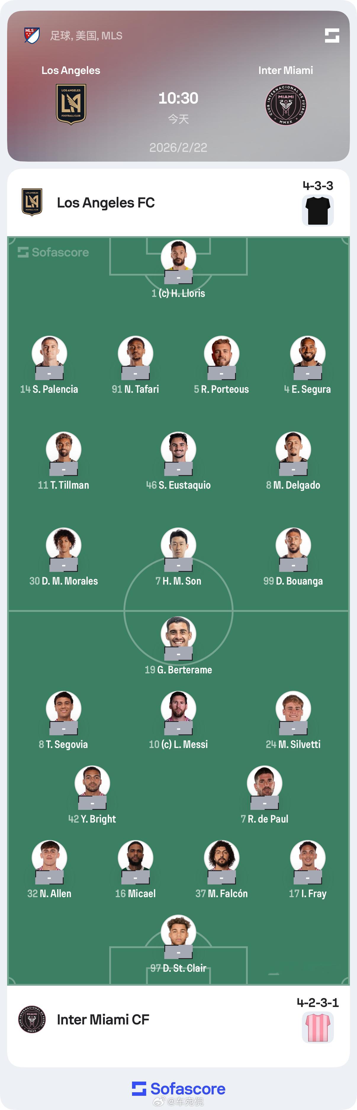 洛杉矶fcvs迈阿密国际首发⬇️，梅西领衔，德保罗先发新赛季