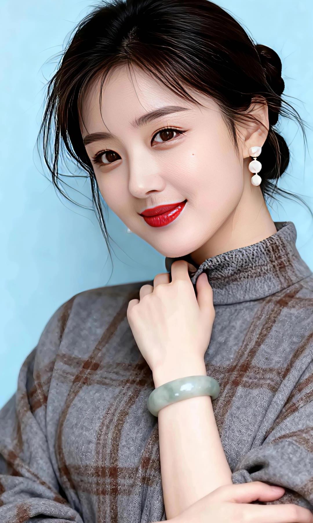 温柔优雅，复古风穿搭，红唇与珍珠耳环的完美搭配