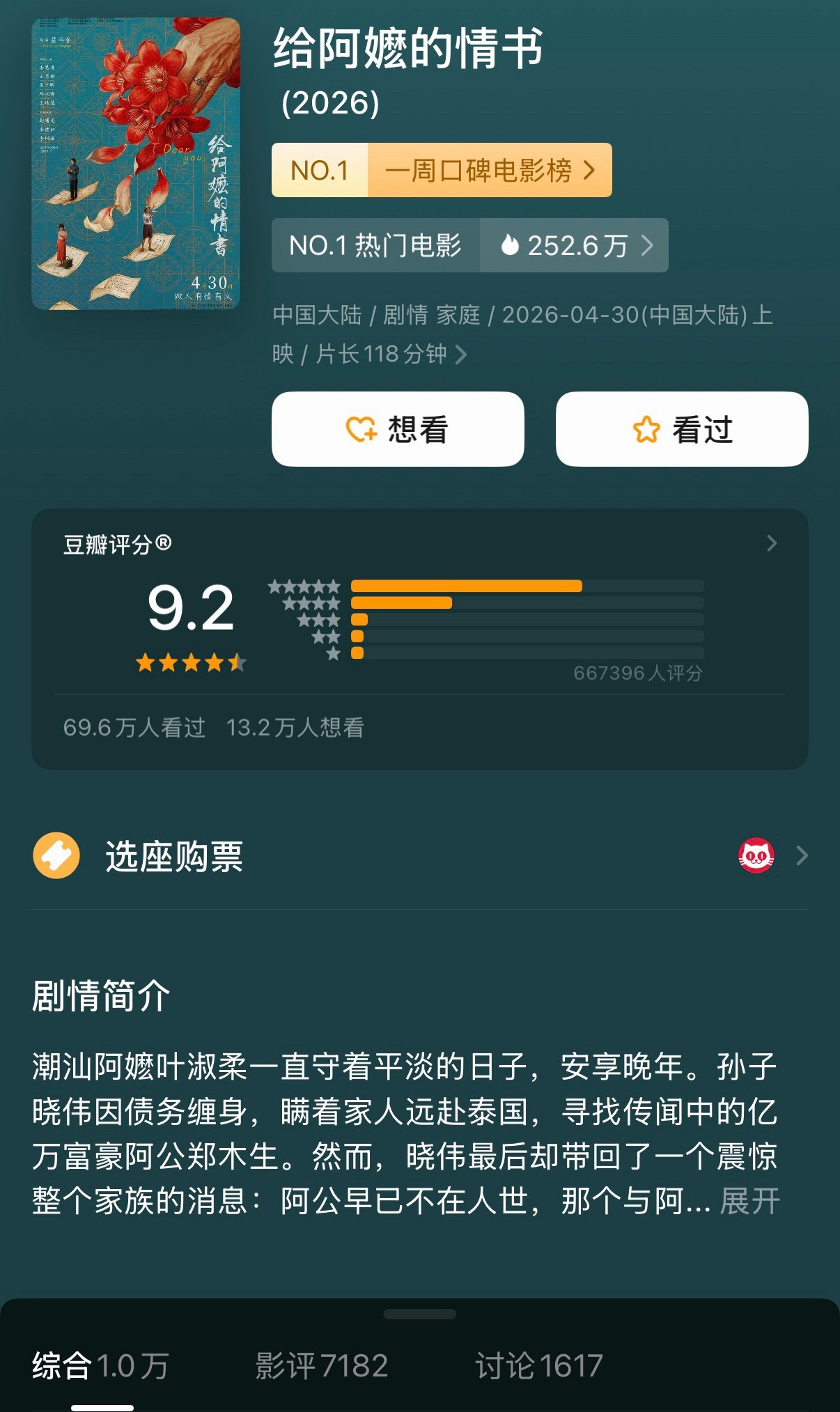 🔻在网上许多阴阳怪气声音的口诛笔伐之下，《给阿嬷的情书》郫县评分从9.1上涨为
