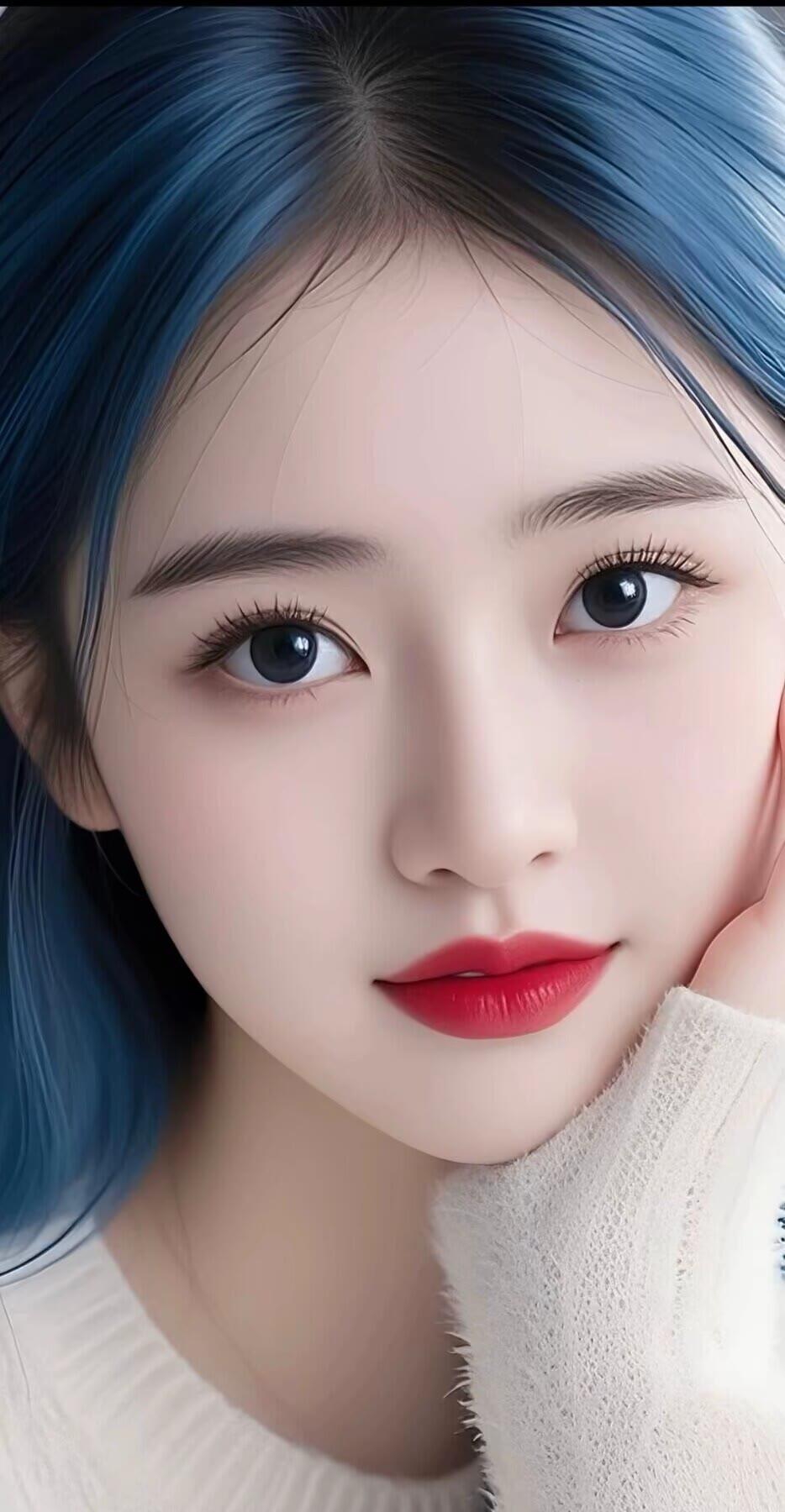 梦幻蓝发少女，温柔眼神，唯美自拍