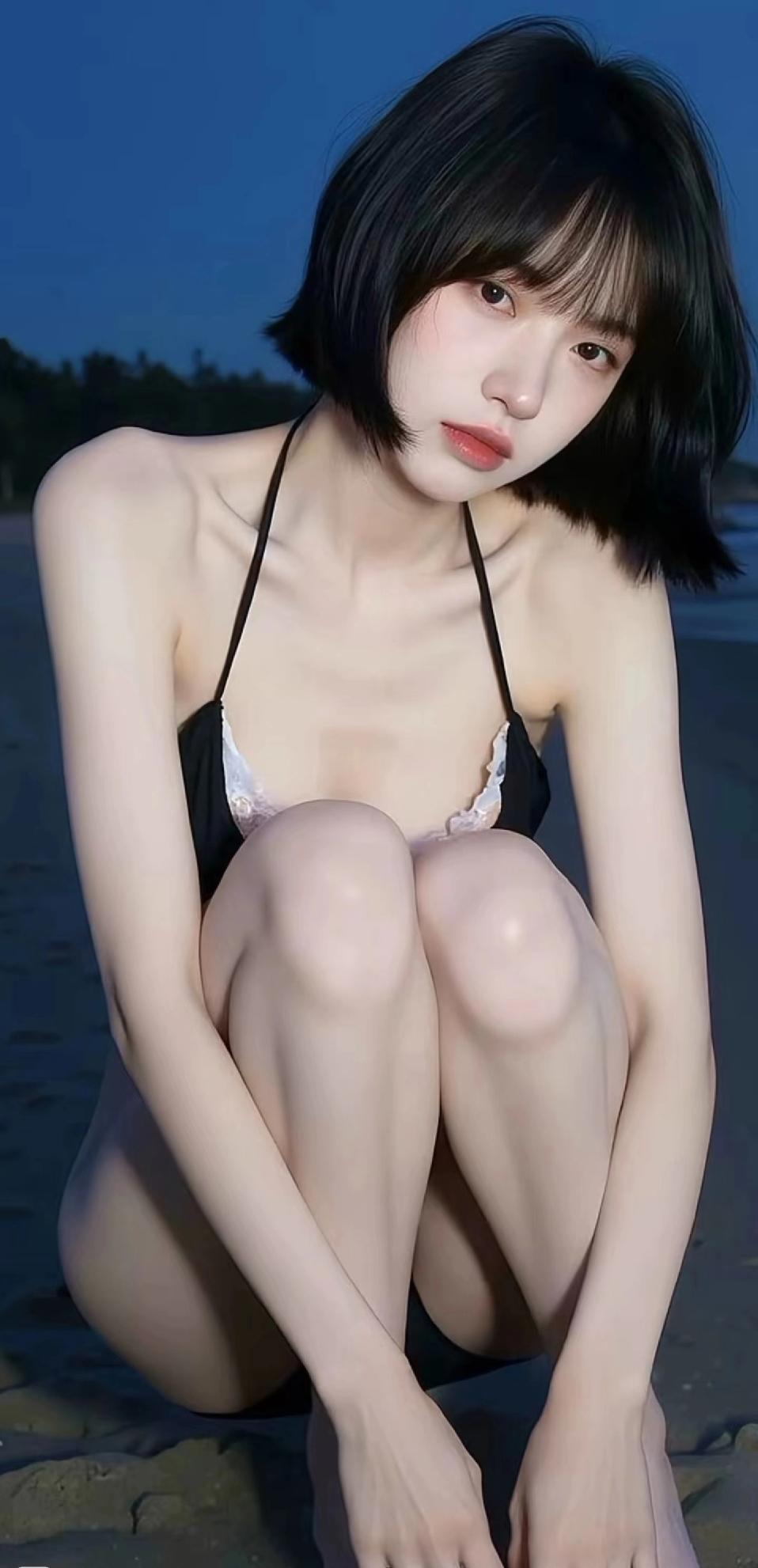 🌊 清冷纯欲风
暮色沙滩上的清冷氛围感✨
黑色比基尼+短发，纯欲感直接拉满
抱