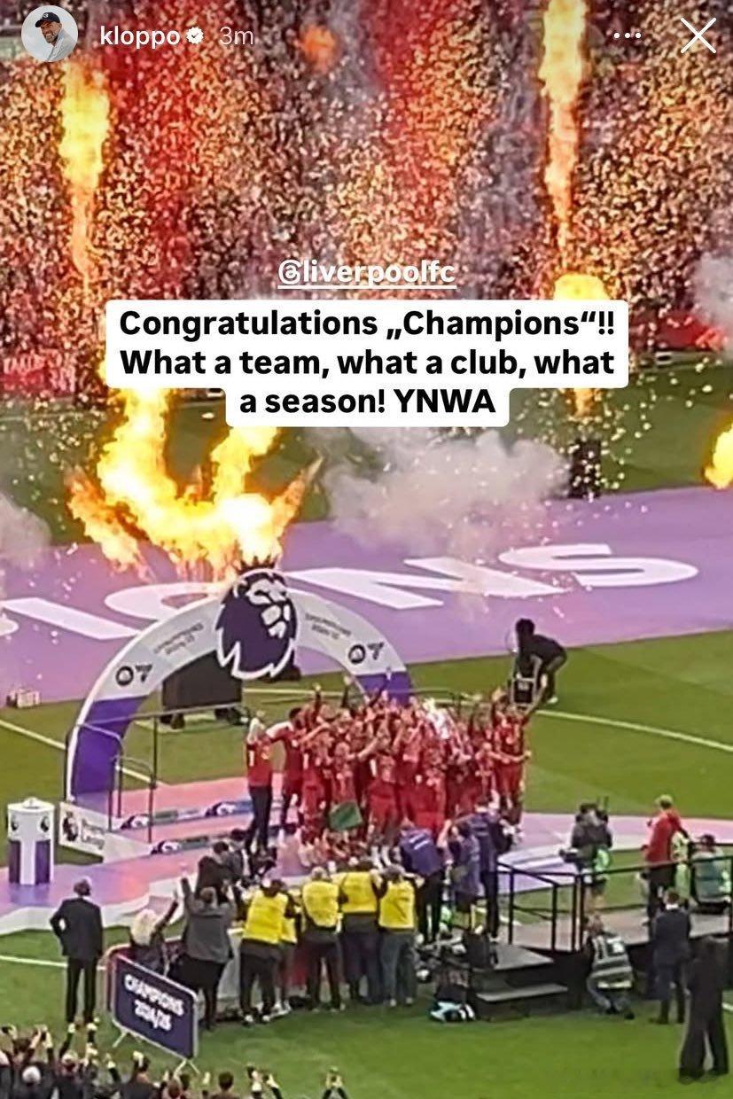 来自于克洛普在看台见证和祝福Congratulations ,Champions
