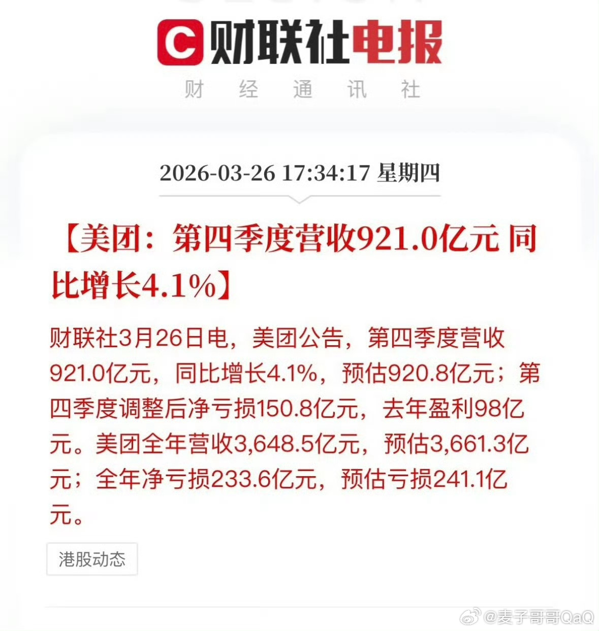 美团第四季度营收921亿美团第四季度净亏损150.8亿我滴妈，营收900多亿还亏