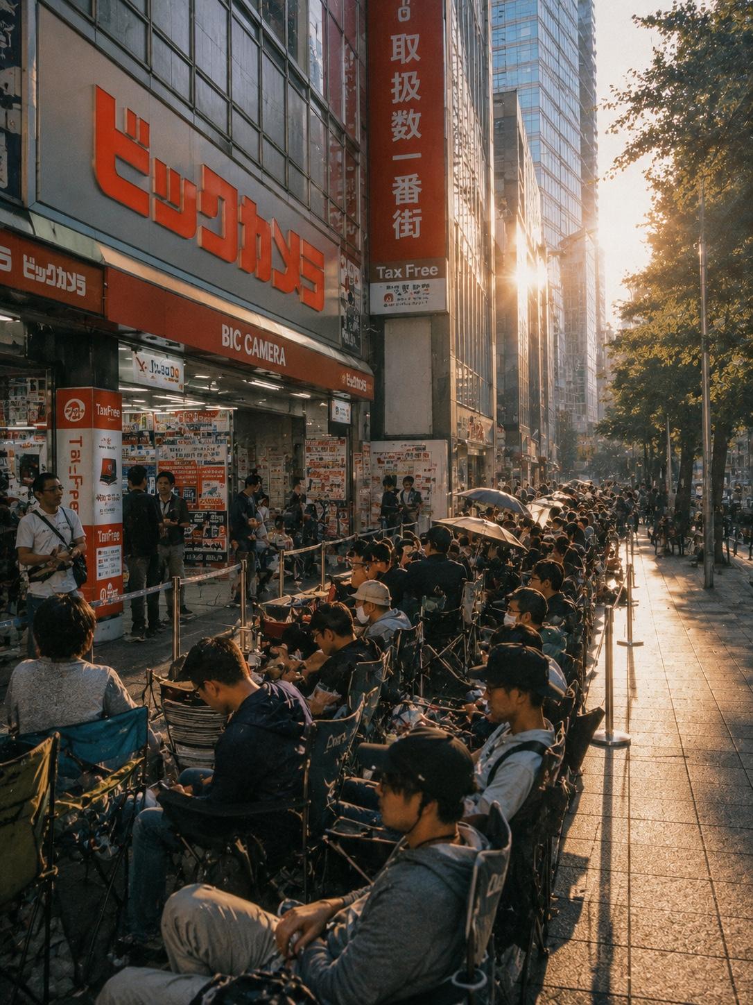 我以为自己看错了。

东京涩谷，早上六点，电器店门口乌泱泱全是人。板凳、遮阳伞、