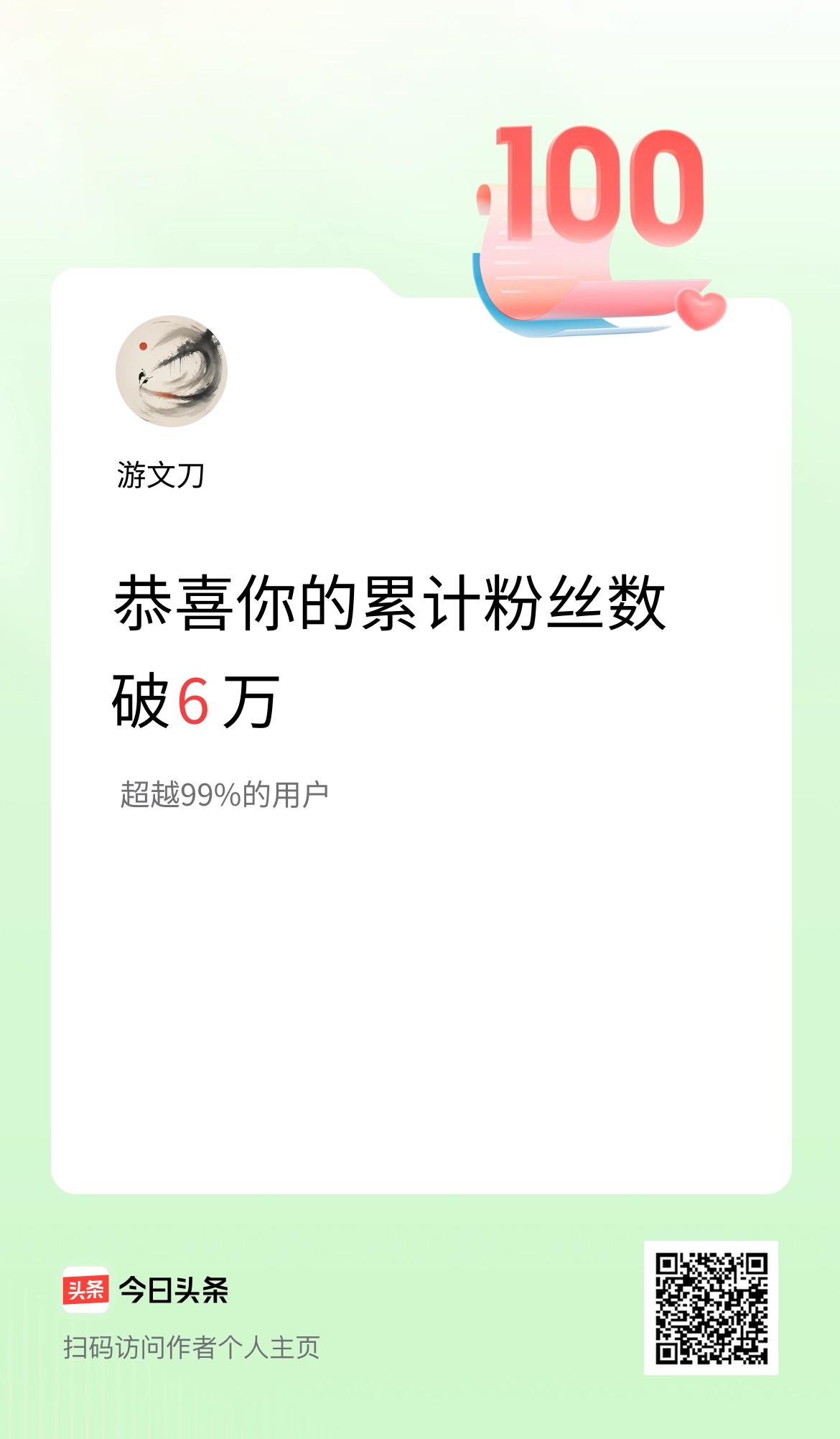 我在头条累计粉丝数破6万啦！