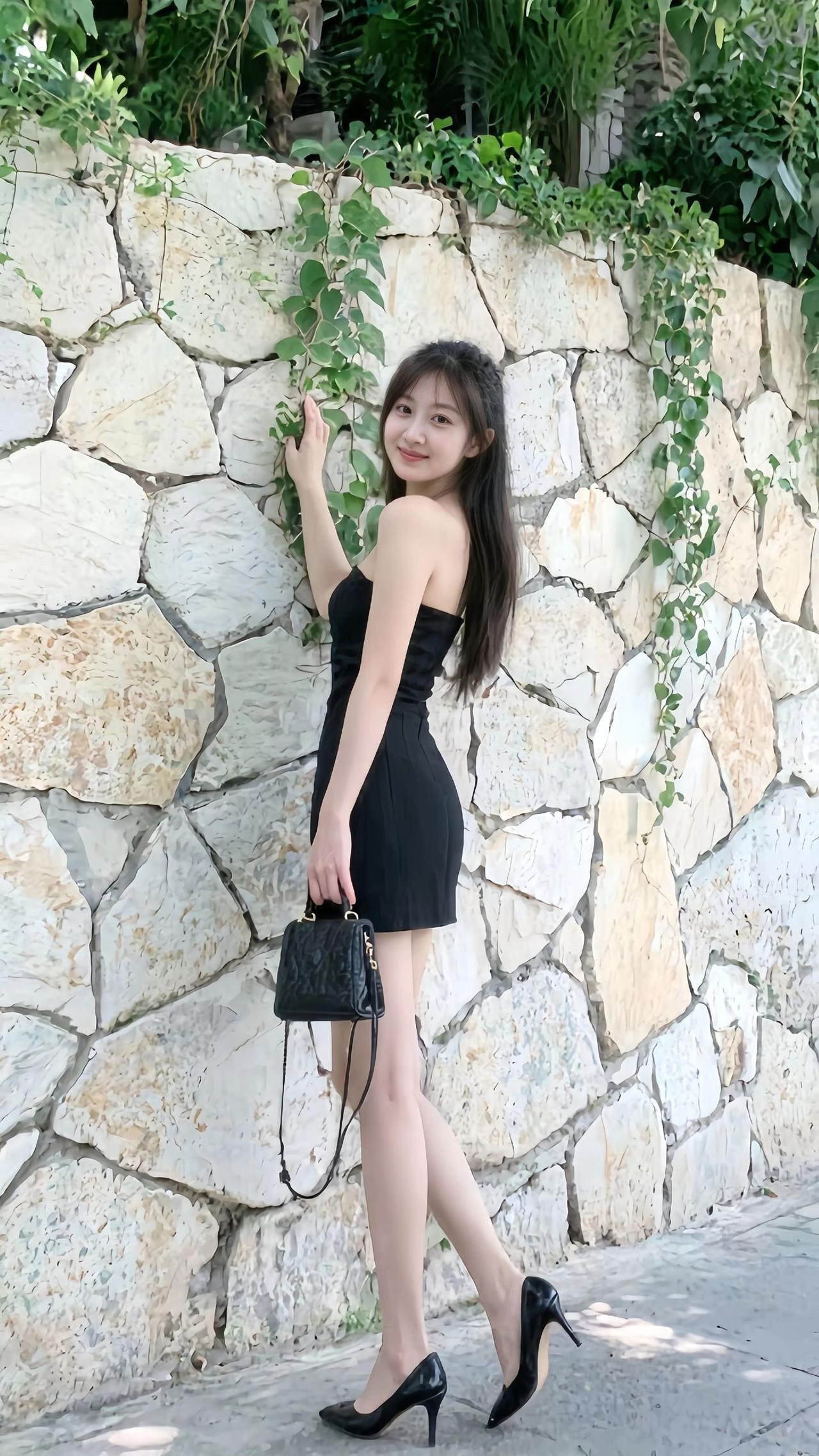 优雅黑裙，石墙绿植，甜美笑容，时尚穿搭