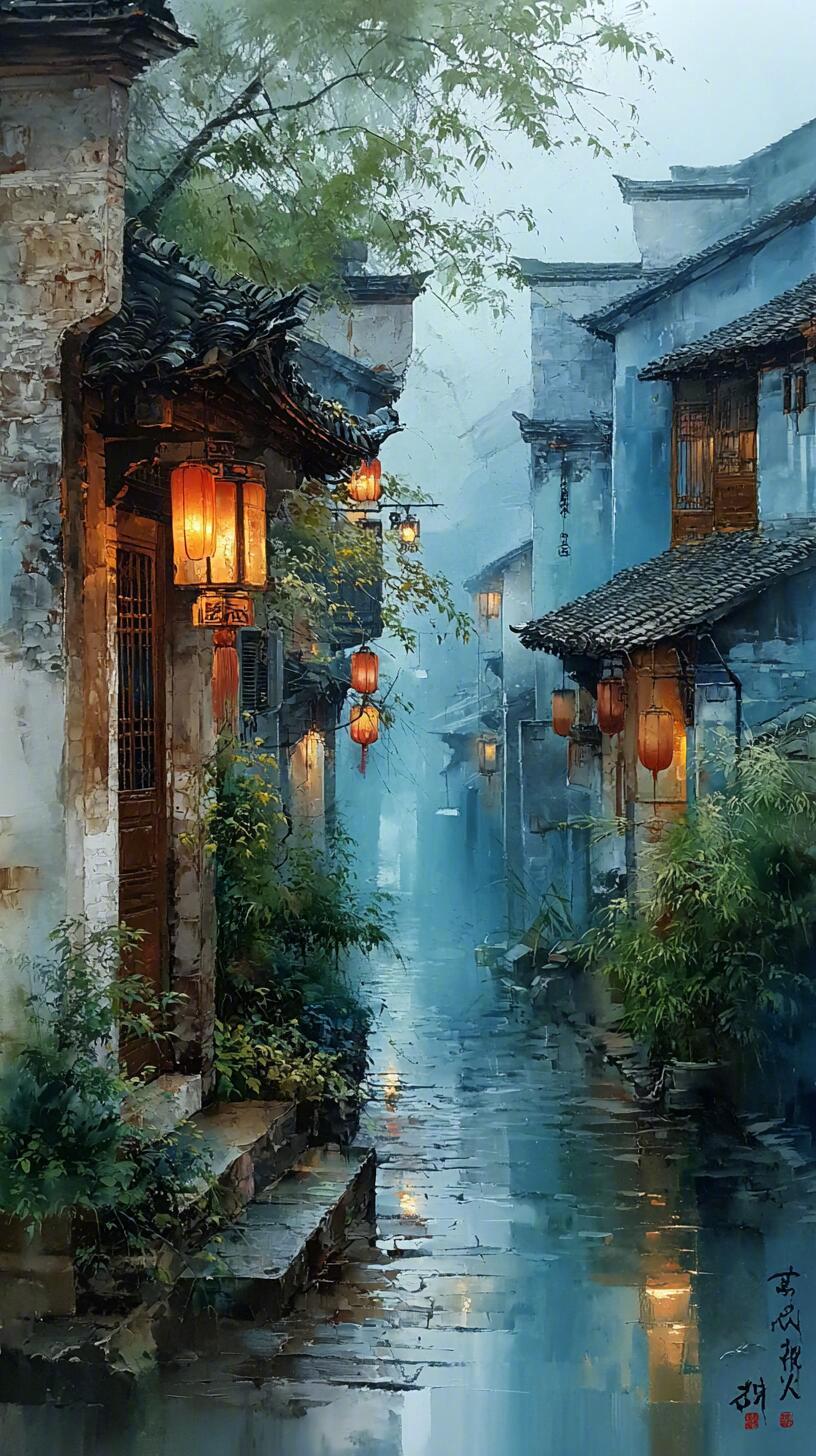 雨夜徽州水巷，宋元水墨藏满江南温柔。 