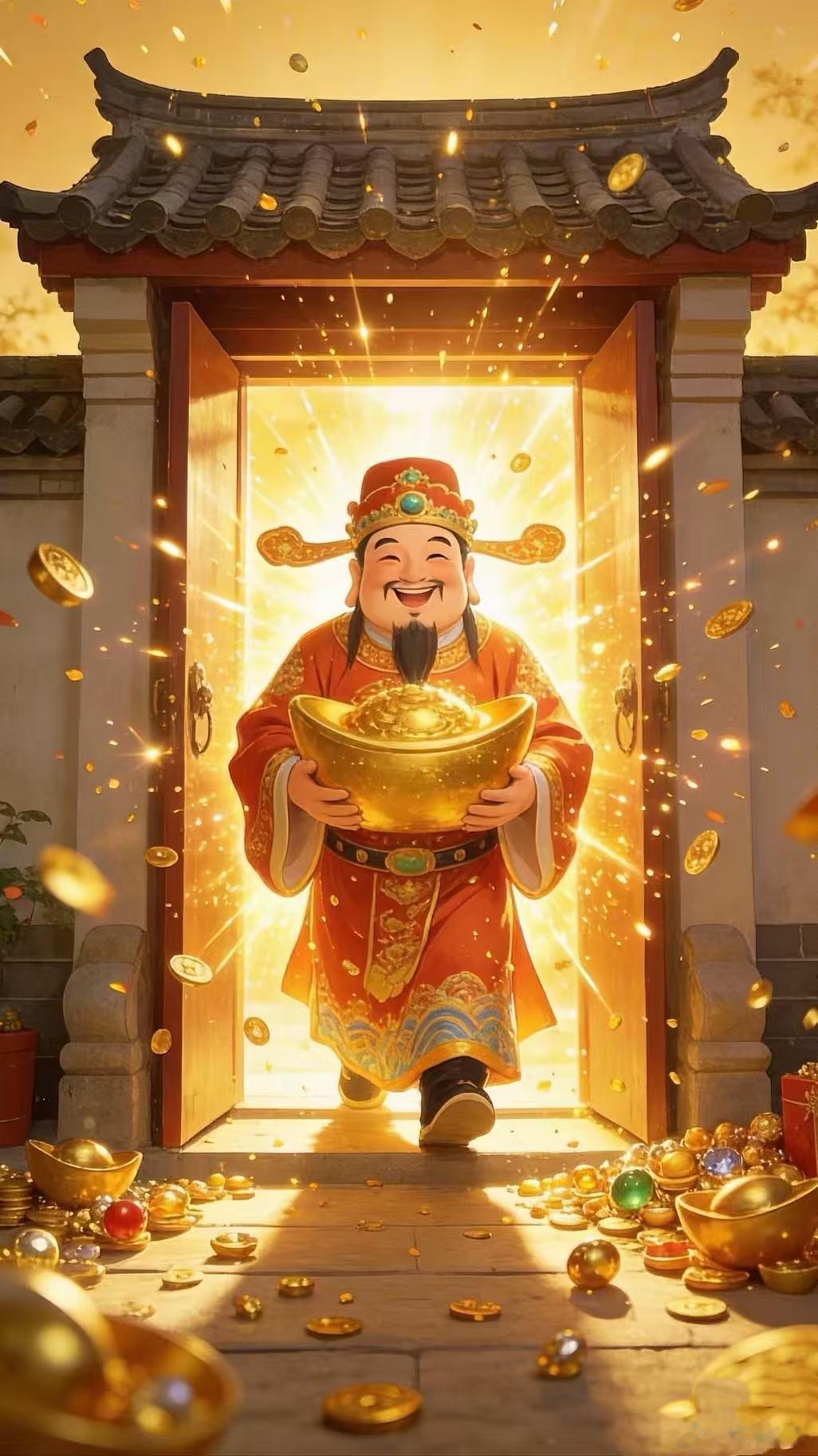 财神到，财福兼得求财同时保佑家人平安健康。赚钱不劳心伤身，家业稳步积攒，衣食富足