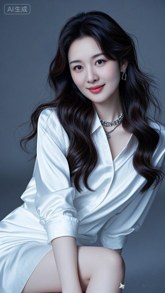 棕黑色大波浪中长发垂落，佳人容貌秀丽绝美，气质高贵典雅又优雅，身段仪态尽是高级感