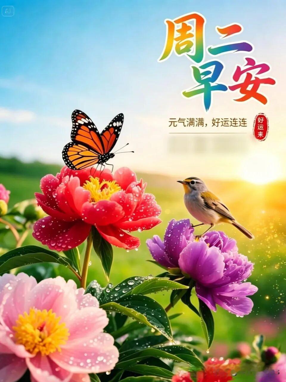 清风迎朝阳，周二启新程。一周节奏渐稳，张弛有度、劳逸结合。卸下琐事，沉下心蓄力前