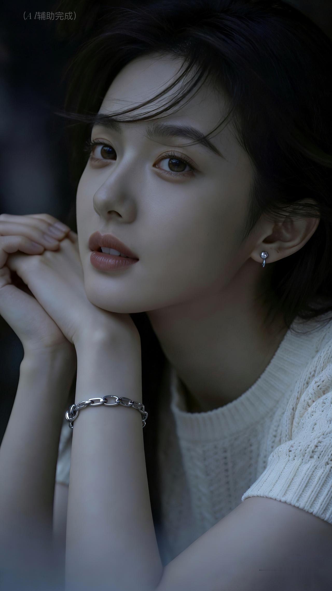 素白针织裹着温柔，银链轻绕腕间星芒。发丝掠风，眸光似盛着半盏星河，指尖轻抵下颌时