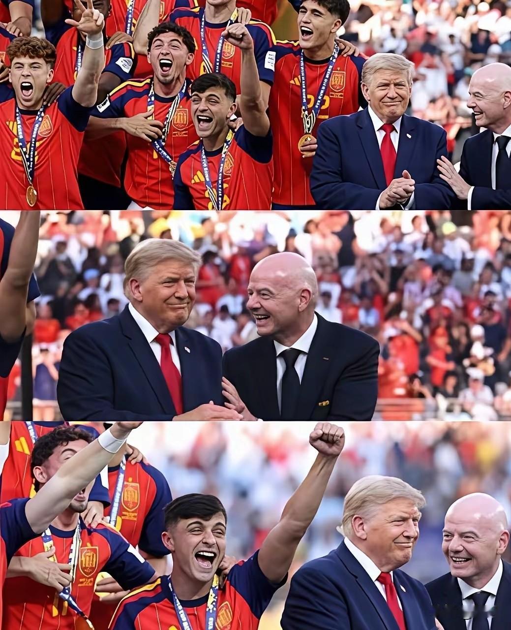 就差抬手一推，完成懂王又一次在全球露脸时刻。国际足联主席也太不懂事了，攒足劲儿想