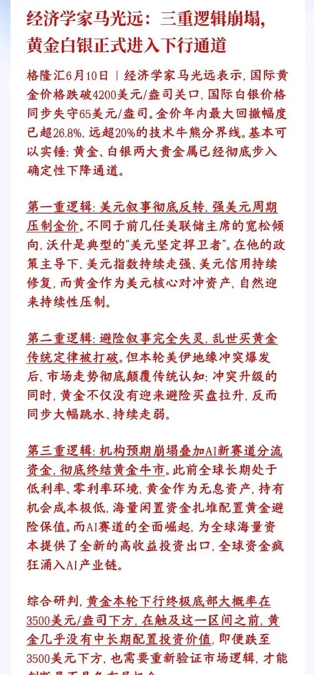 黄金后面到底还有没有行情，经济学家给出了观点经济学家表示黄金、白银价格大跌，已经