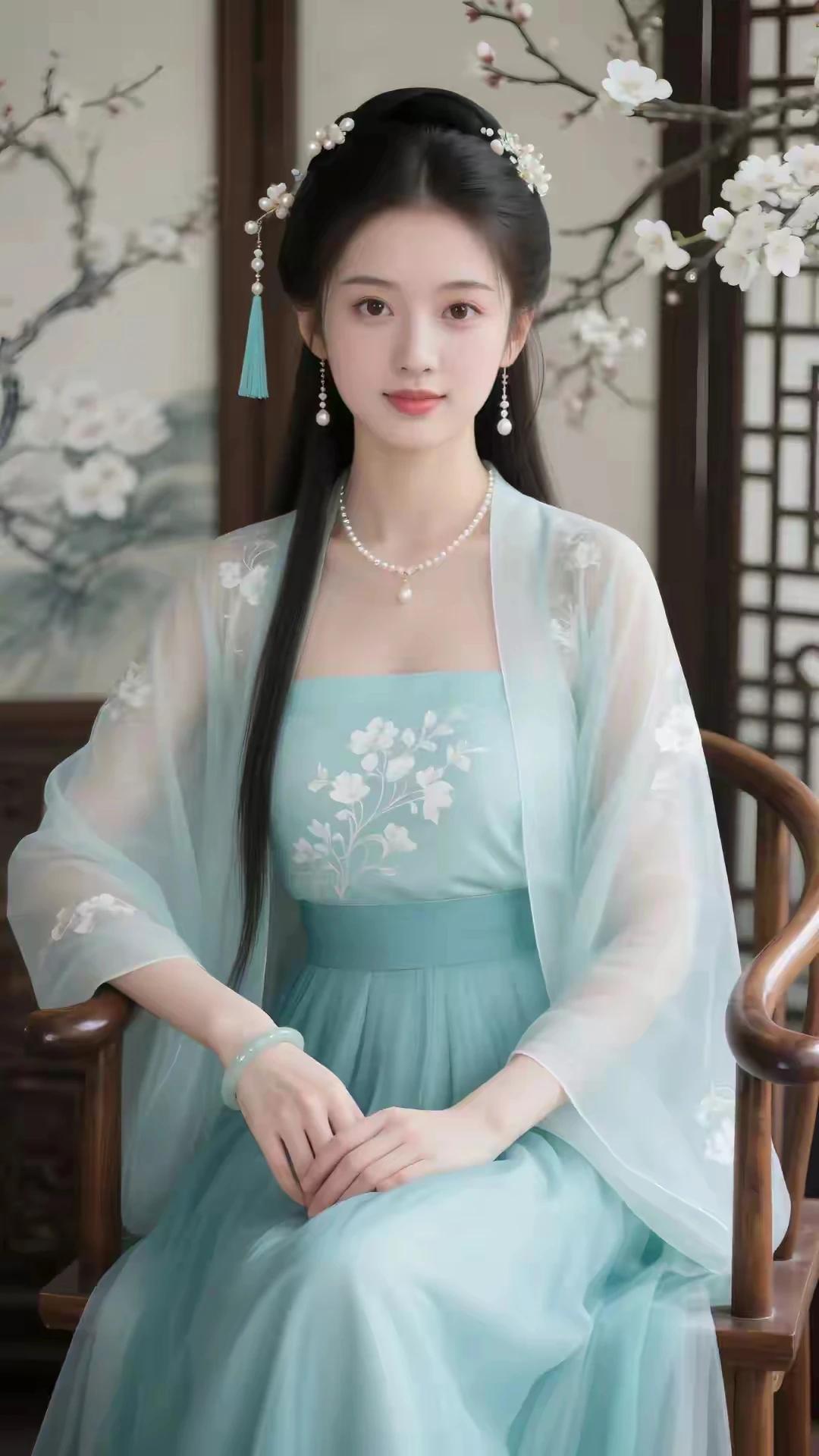 身着汉服雅韵生，
眉清目秀显风情。
犹如飘来一片云，
江南烟雨俏佳人。