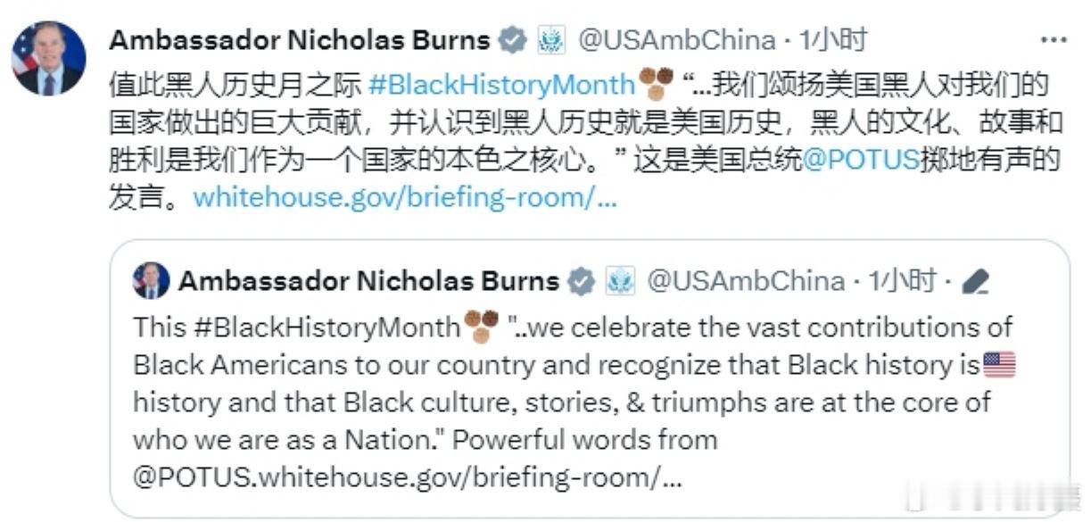 美国驻华大使伯恩斯：我们颂扬美国黑人对我们的国家做出的巨大贡献，并认识到黑人历史