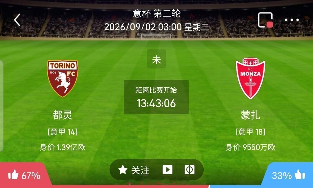 【足球】周二010意大利杯方向：都灵vs蒙扎意大利杯：都灵VS蒙扎时间：2026