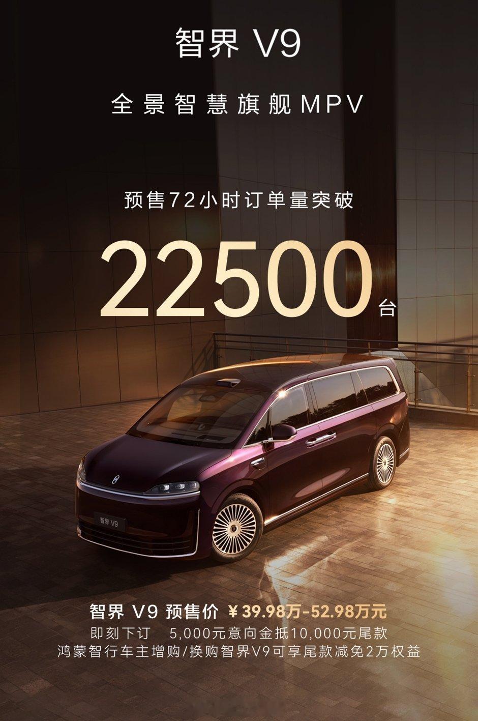 作为一台MPV，有这个预定量真的很强，22500台顶三个月的量智界v9
