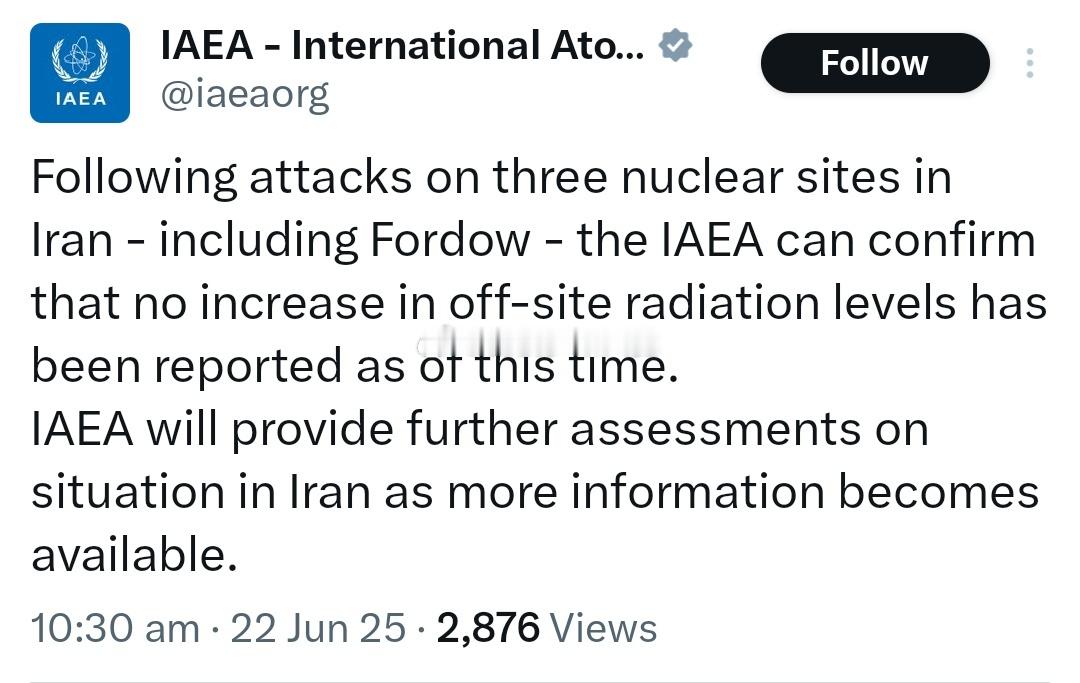 伊朗核设施场外辐射水平未上升6月22日，国际原子能机构（IAEA）表示，美国袭击