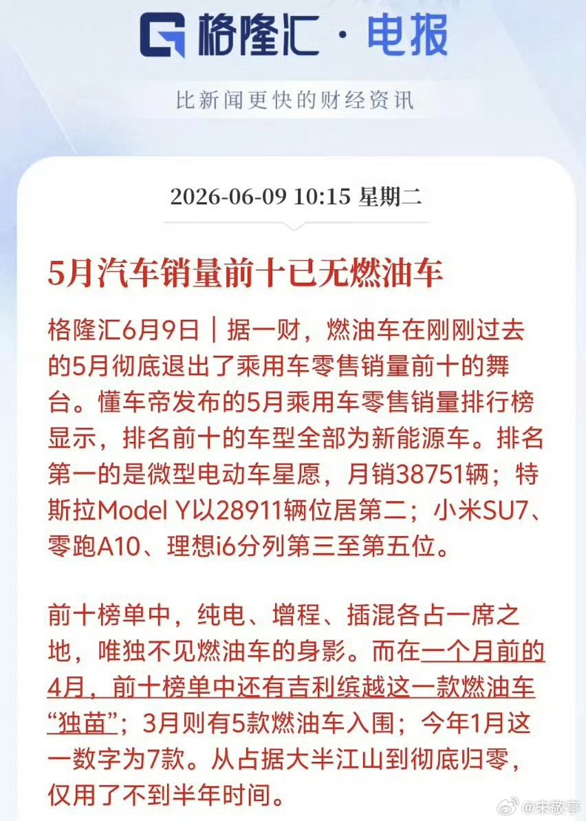 5月汽车销量前十已无燃油车“新能源到底行不行？”争论了这么久，一张销量榜直接“终