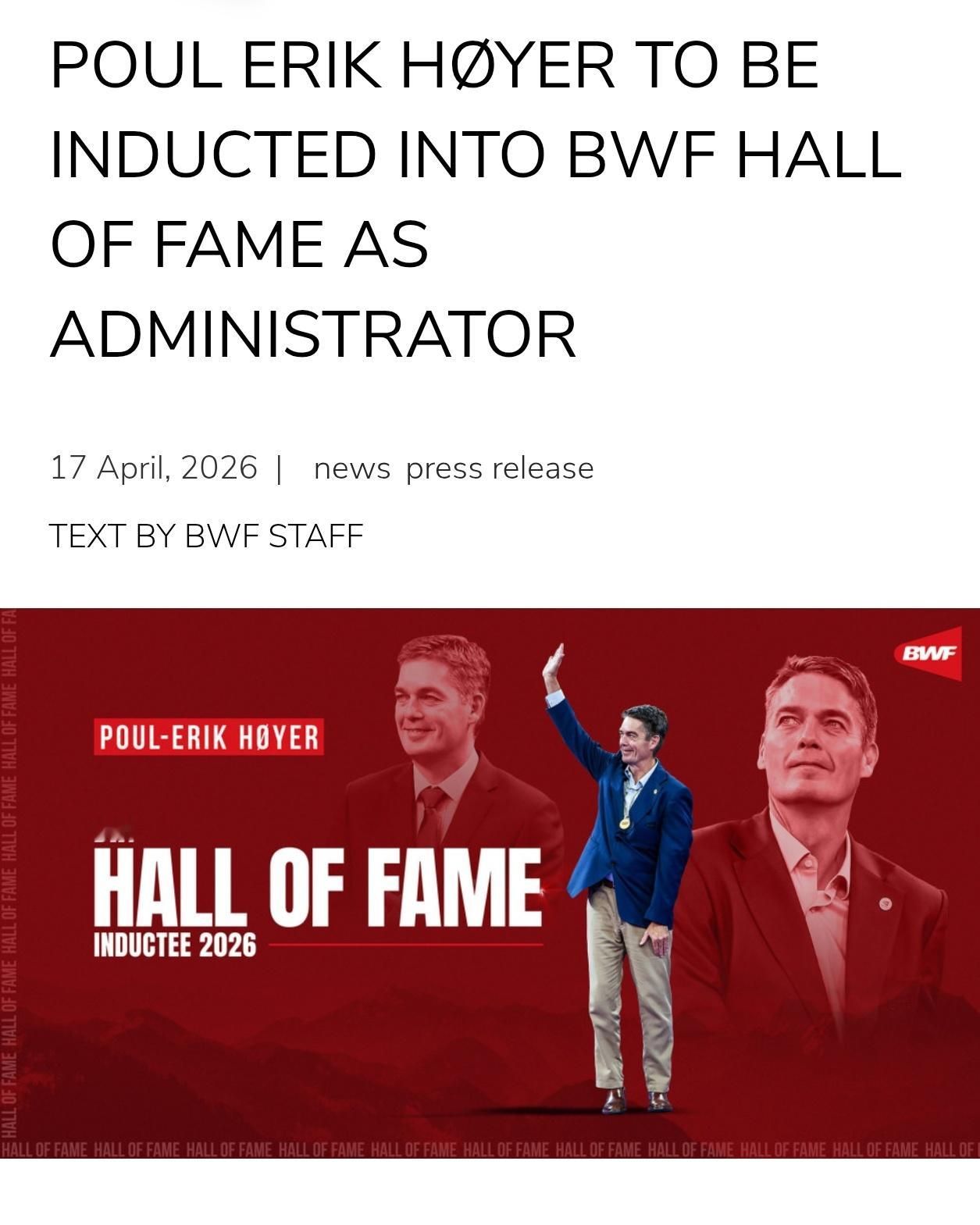 世界羽联正式宣布，世界羽联前主席、终身荣誉副主席拉尔森，将以【行政管理者】类别入