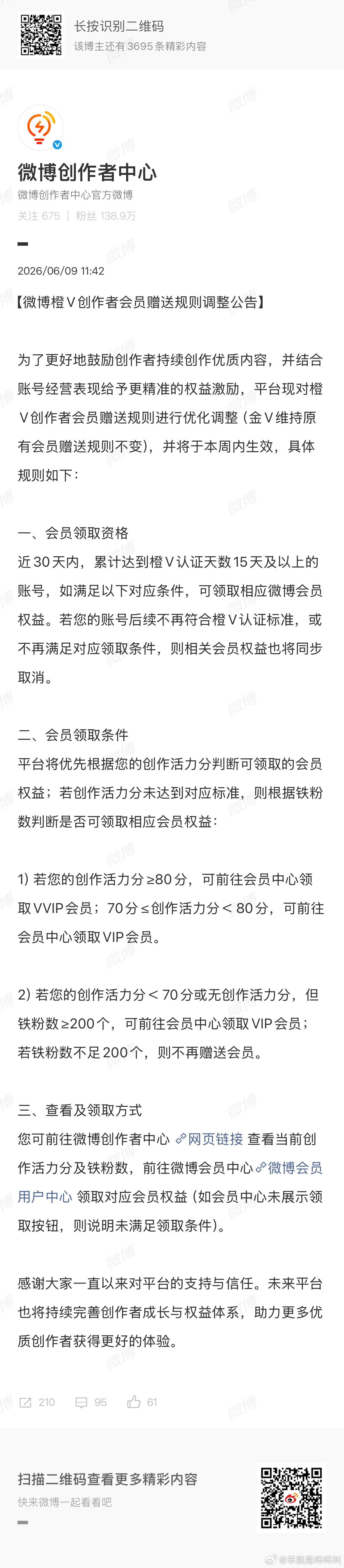 微博橙V免费会员规则本周更新，金V规则不变：基础门槛：近30天橙V满15天创作活