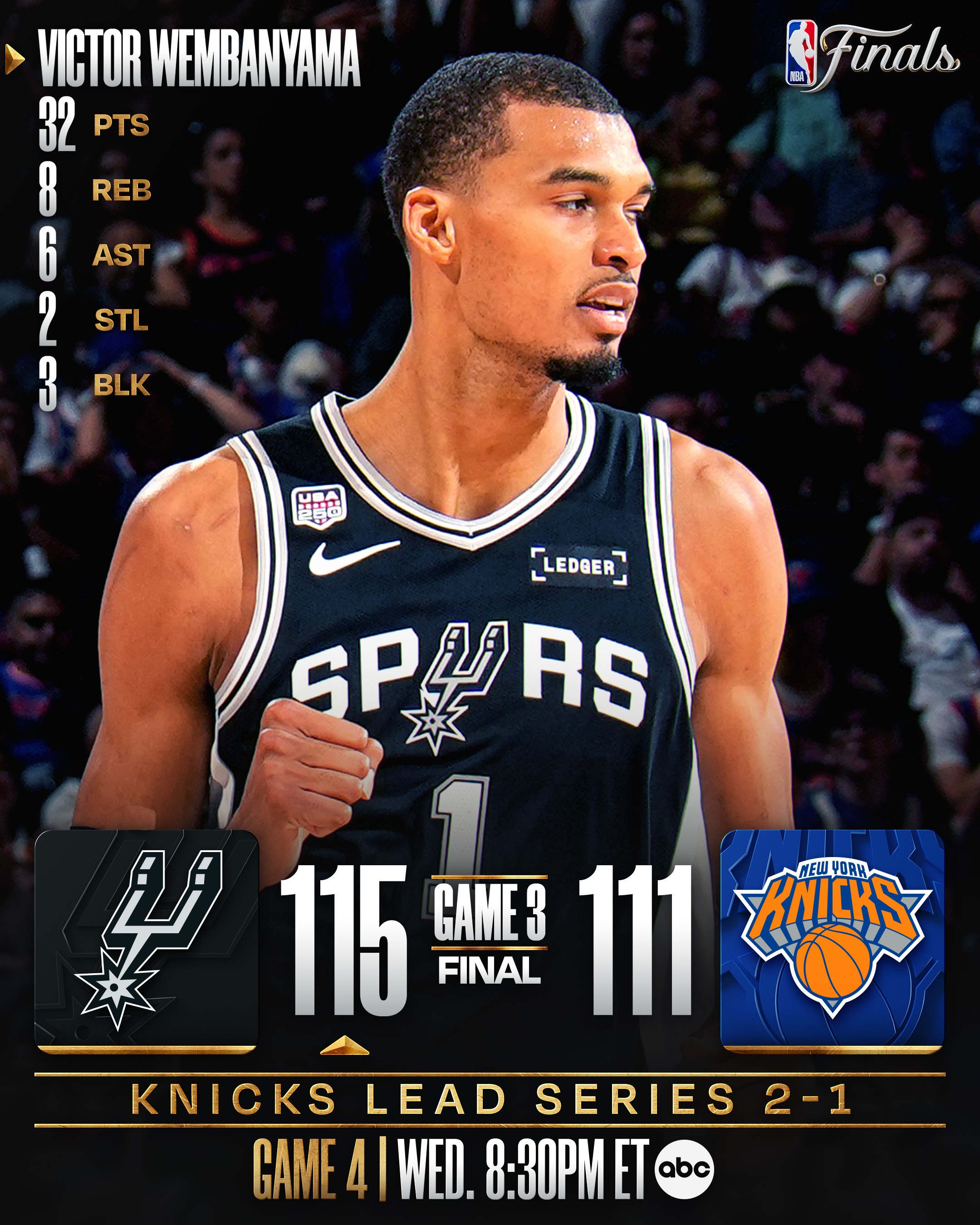 文班终于统治了一把，填满数据栏。马刺vs尼克斯NBA总决赛