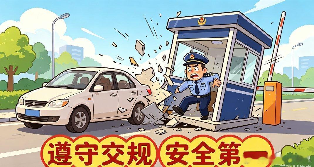 汽车撞散岗亭保安大哥从里面爬出开车上路真的半点马虎都不能有，安全永远是放在第一位