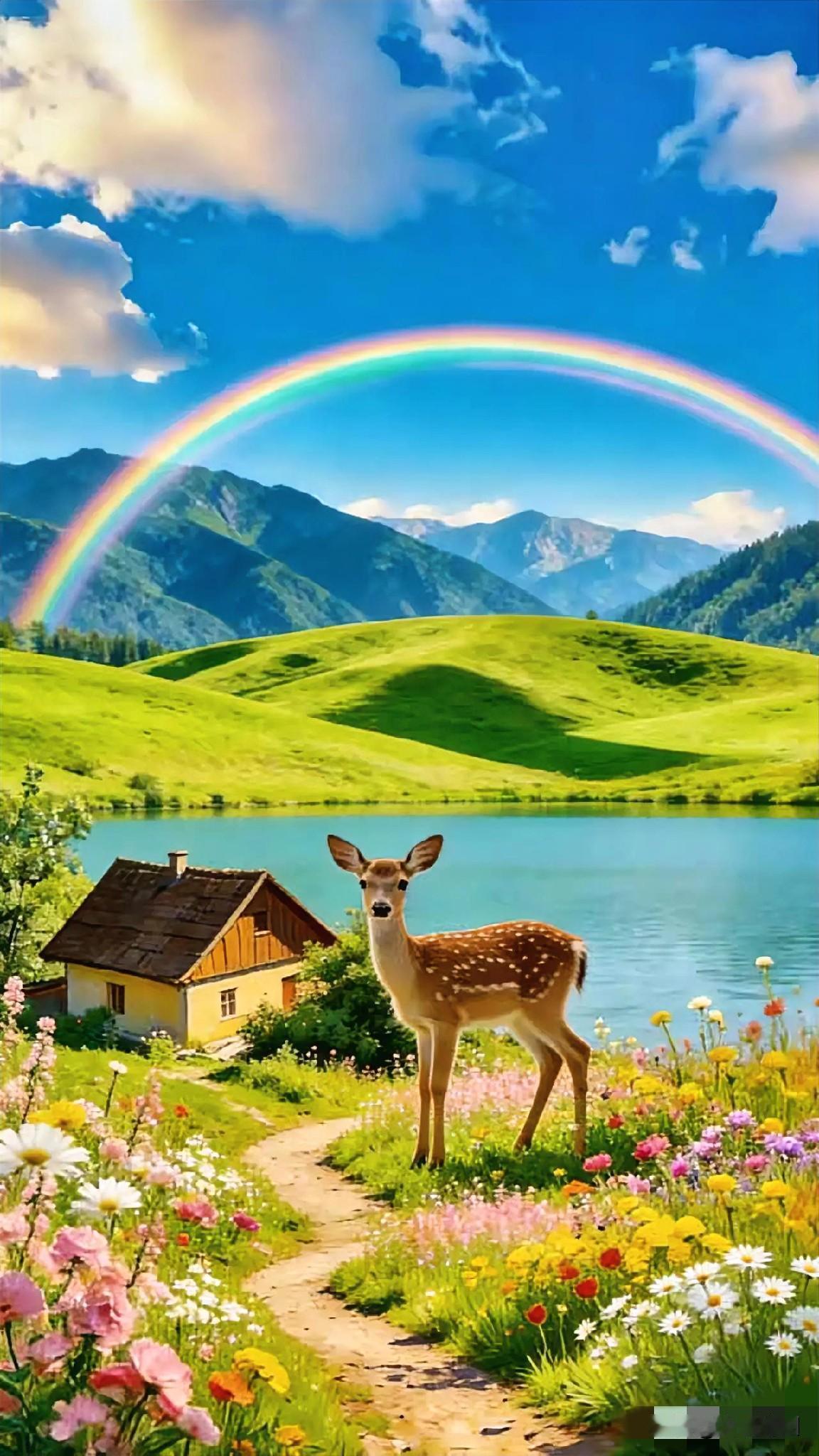 虹下小鹿
七彩虹桥耀碧空，
灵慧小鹿立芳丛。
娇姿丽影增佳境，
宛若仙姿幻梦融。