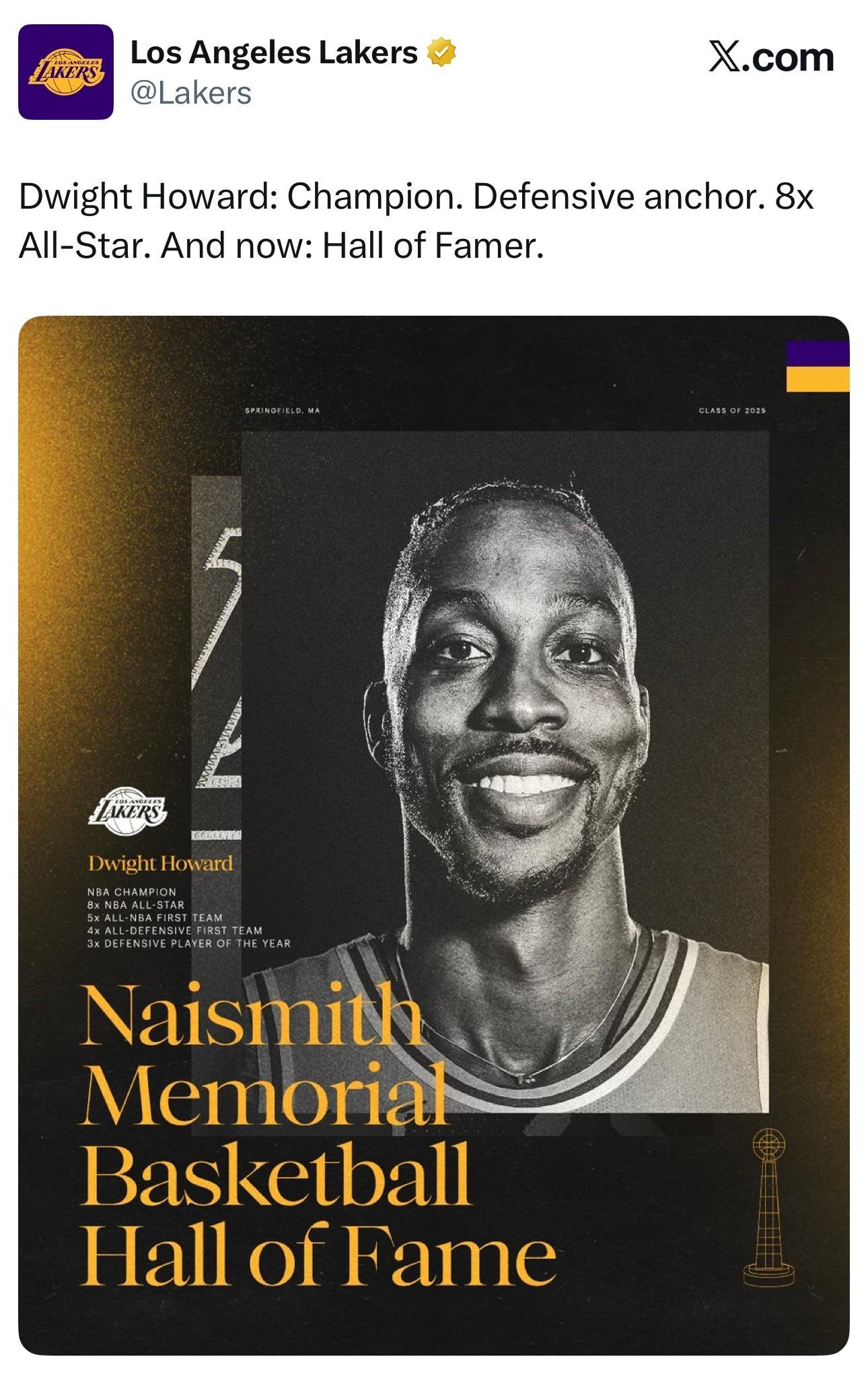 湖人官方致敬德怀特·霍华德：NBA总冠军，防守大师，8届全明星，现在，篮球名人堂
