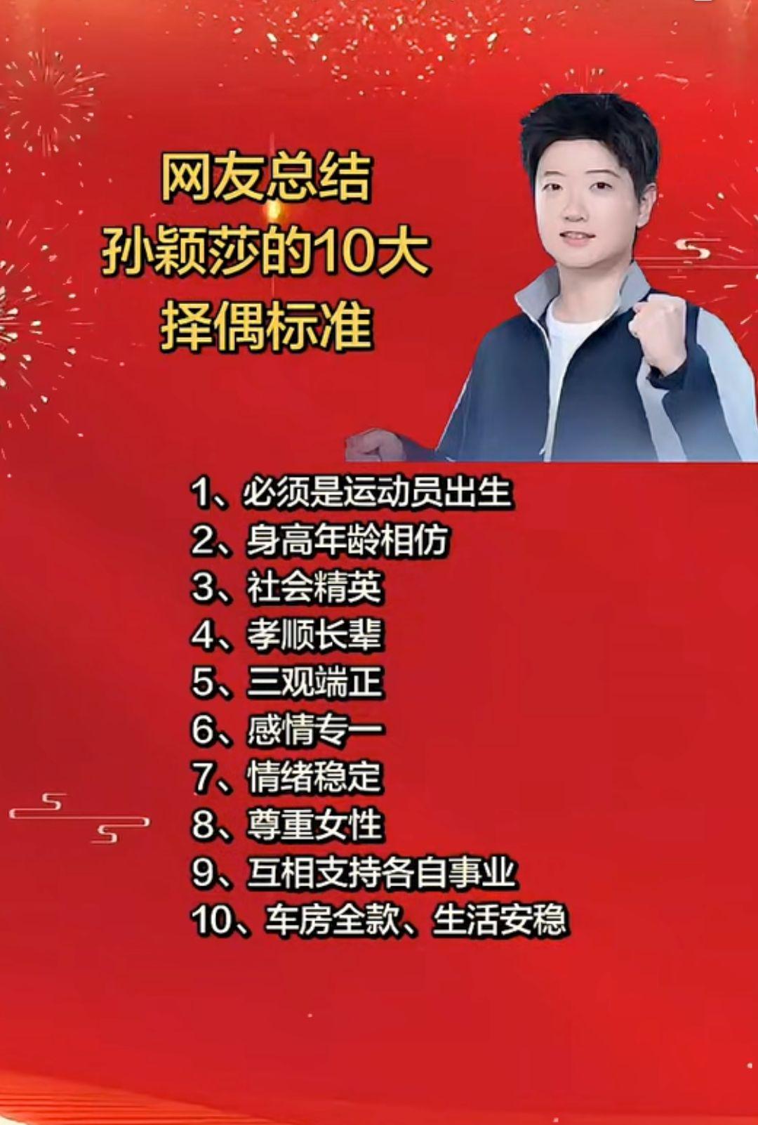 网友总结孙颖莎
的10大择偶标准！