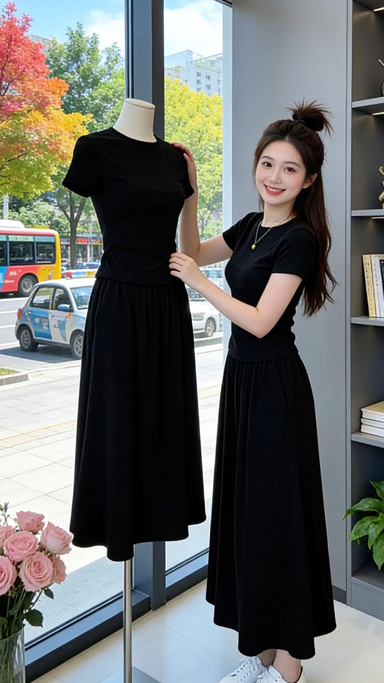 从明亮的穿搭工作室，到治愈的林间木栈道，再到洒满阳光的城市公园，这套黑色两件套承