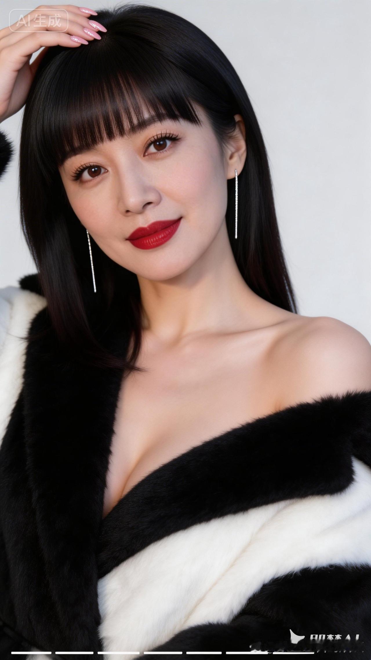 黑发红唇的魅力，黑白毛绒外套的时尚穿搭