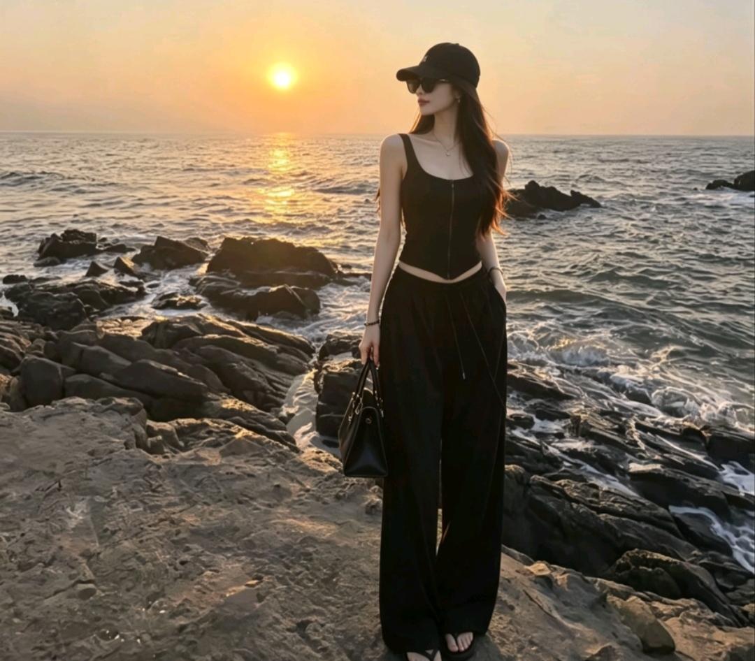 夕阳下，她站在海边，风景真美。