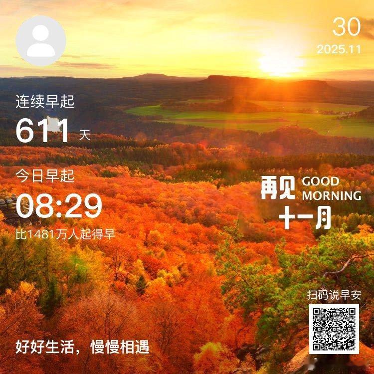 日常早安，你已连续早起打卡611天，昨晚睡了9小时29分钟。十一月，是过去，也是