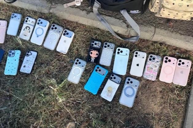 大一军训女生把手机摊在草地上、清一色苹果。照片里一排手机放在草地上，苹果标志格外