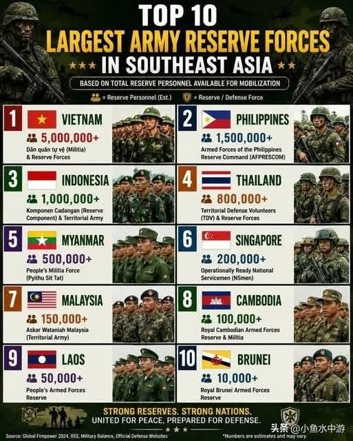 东南亚各国后备部队人数
 
越南：500余万人
菲律宾：150余万人
印尼：10