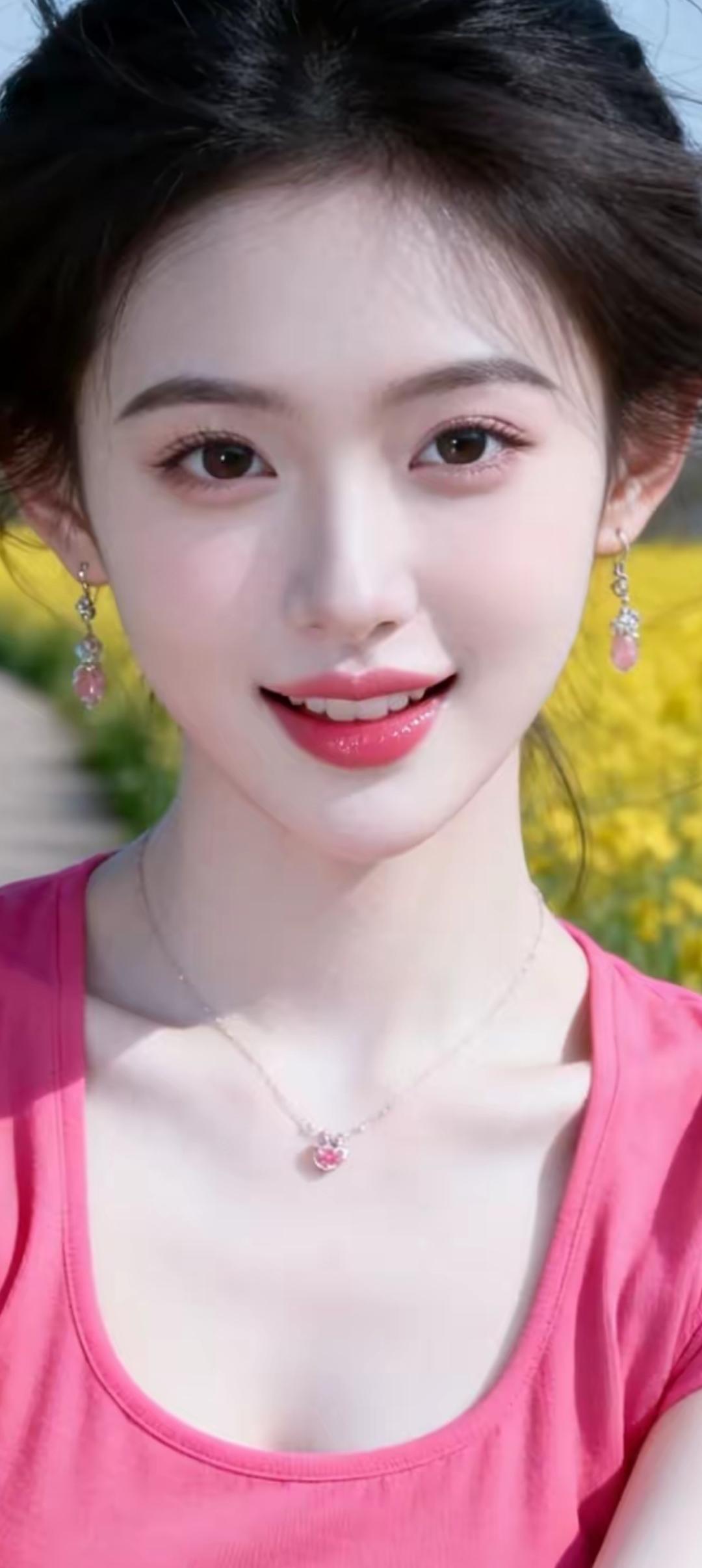 阳光明媚的午后，甜美笑容绽放，粉色耳环与项链相映成趣，少女心满满！🌸💖✨