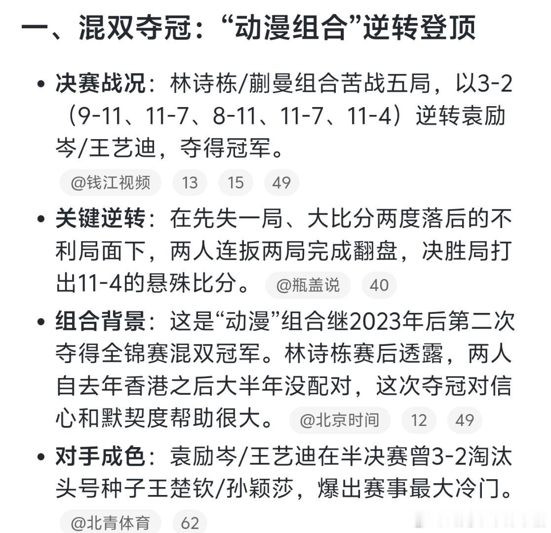 一天两决赛，先逆转再横扫，蒯曼这体能和心态真的稳。🏓混双面对袁励岑/王艺迪，在