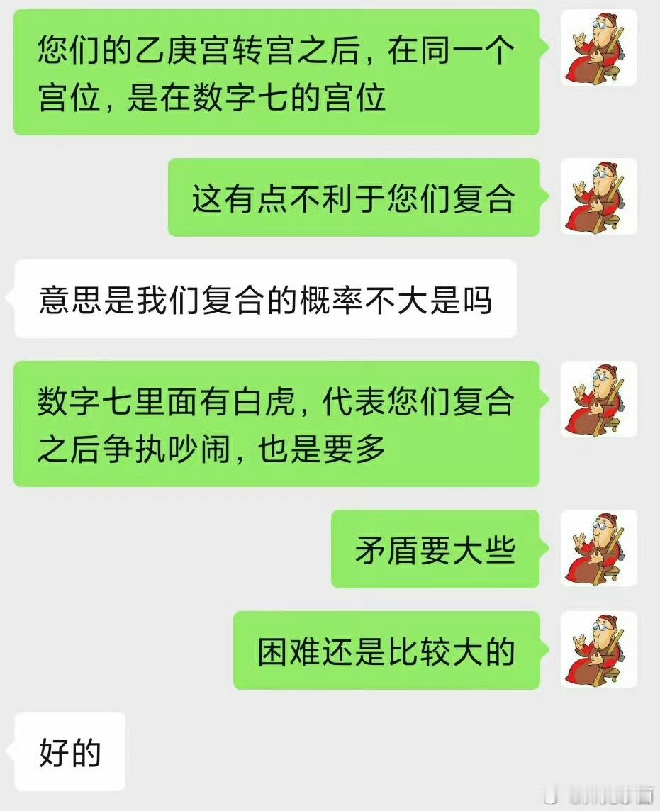 这女孩过来找我看复合，乙更宫相克，转宫之后又逢白虎。代表复合的阻力很大，即便是复