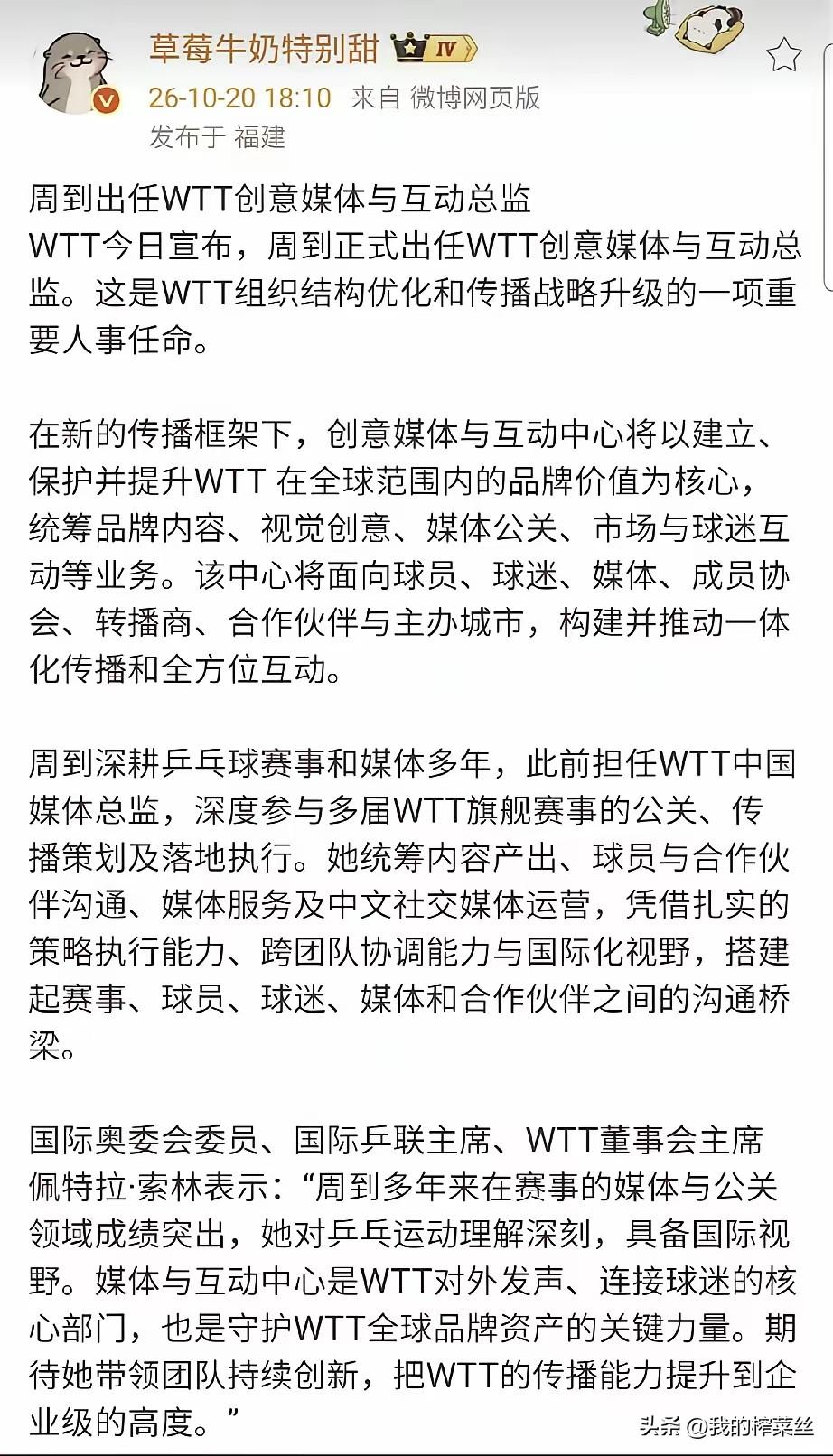 周到这是升职了吗？
原先是wTT中国媒体总监，现在是wTT全球总监。
其实，一直