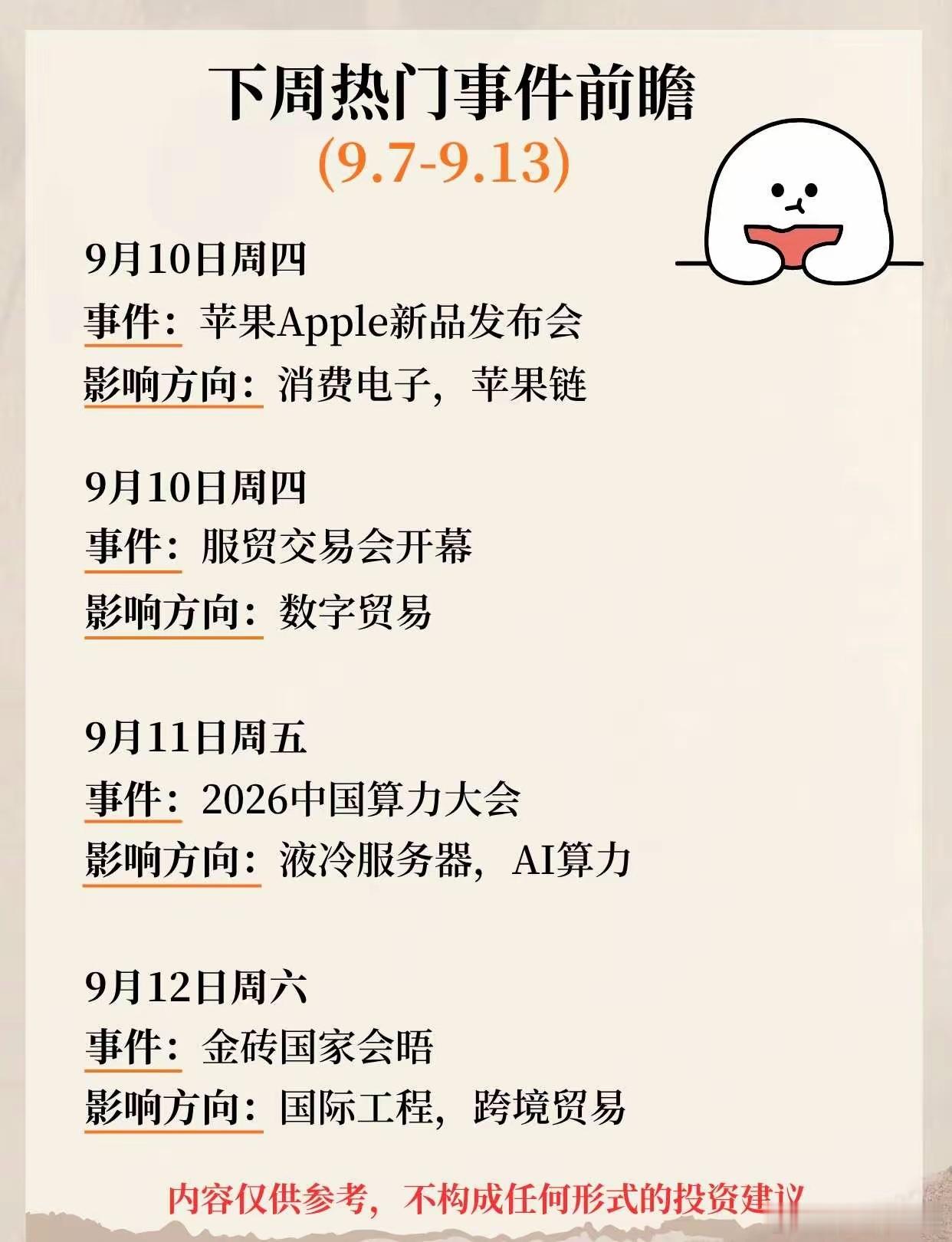 本周热门事件前瞻(9.7-9.13)梳理出本周(9.7-9.13)多条产业动态，