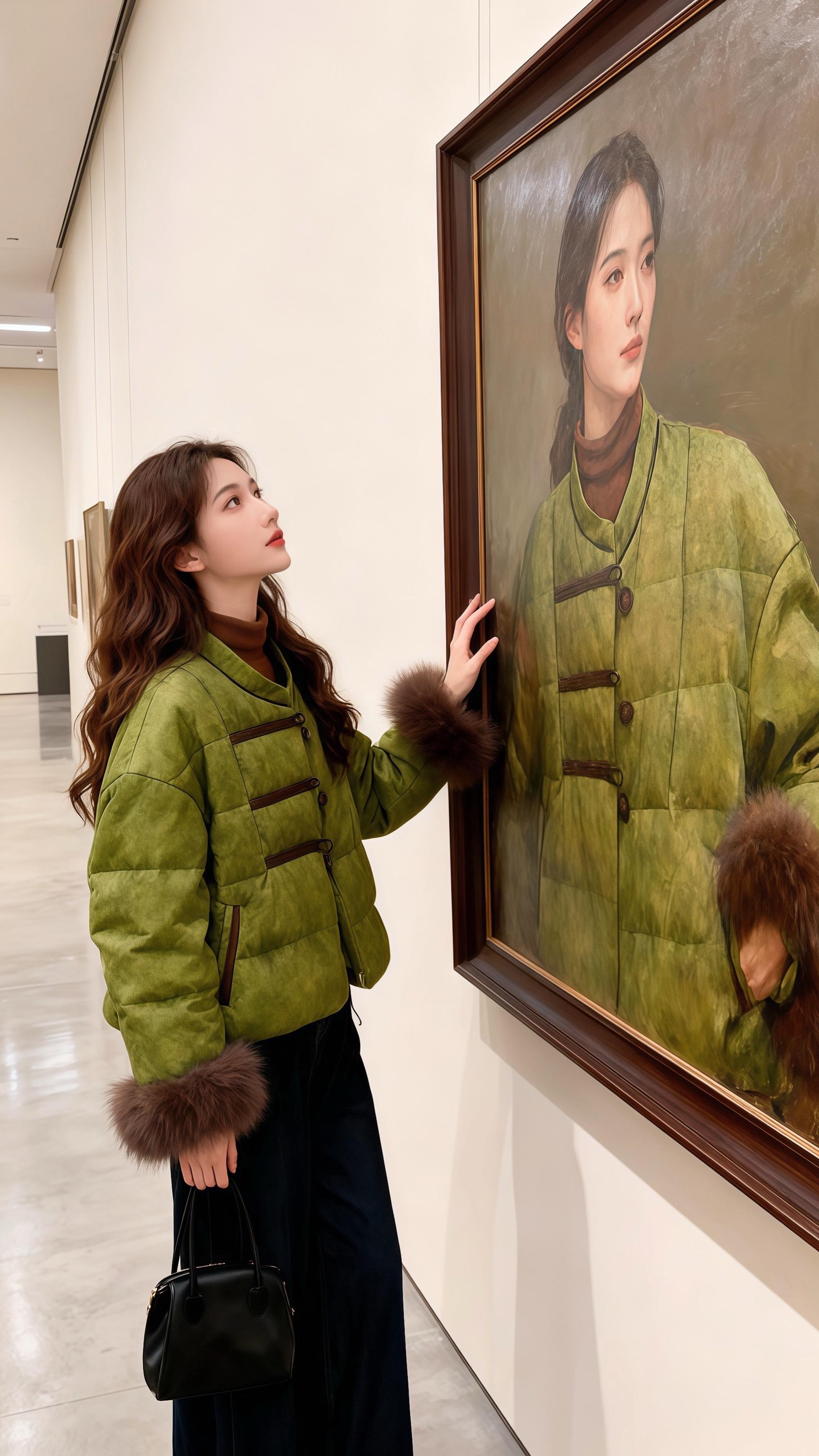 《美术馆里的“同款邂逅”》深秋的美术馆里，林晚穿了件苔绿盘扣棉服，毛领...