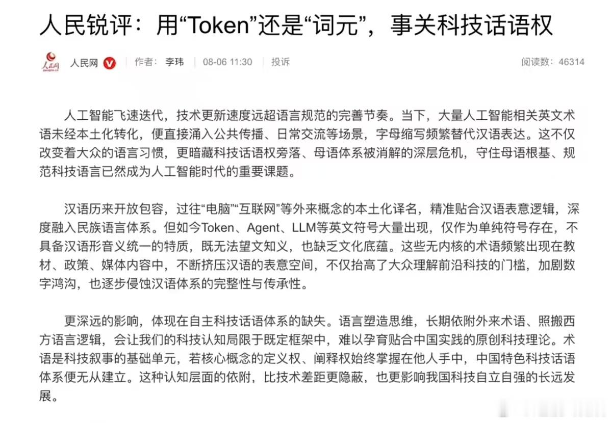 支持用词元，建立汉语体系为中心的AI架构用token还是词元事关话语权字母缩写代